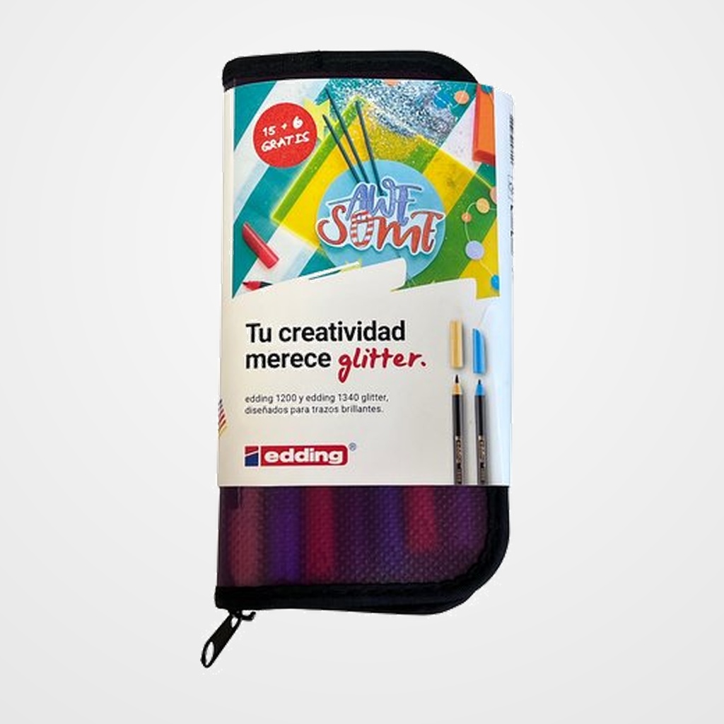 ROTULADOR FIBRA EDDING 1200/1340 ESTUCHE PROMOCIONAL de 15+6 (15 x 1200 + 6 x 1340 Glitter y estuche cremalleras de regalo)