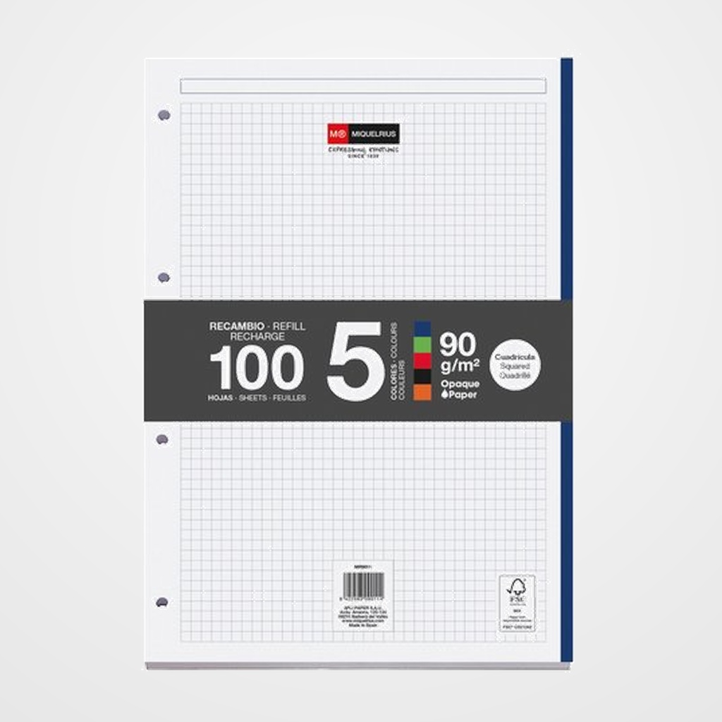 RECAMBIO MIQUELRIUS EMOTIONS NOTEBOOK 5 A4 100h 90g ENCOLADO 4 TALADROS 5X5 INTENSOS