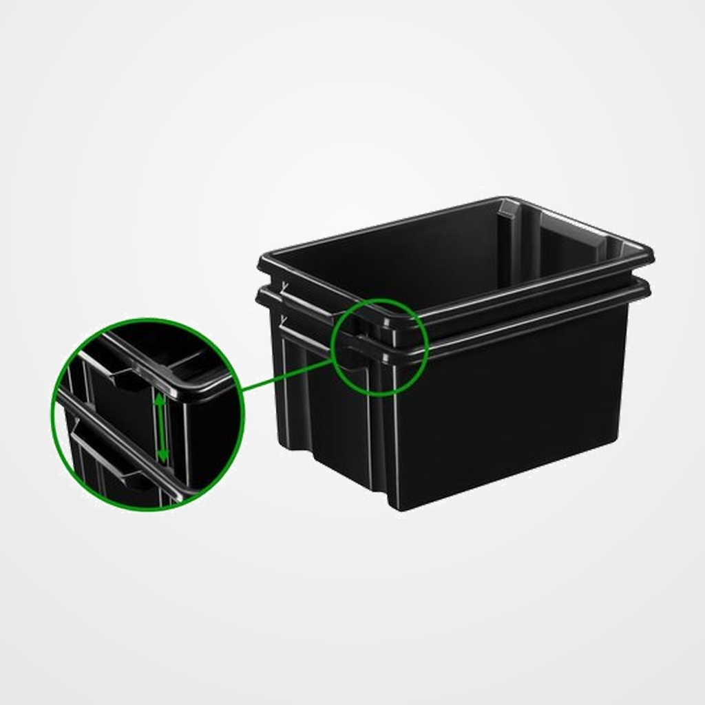 CAJA ALMACENAMIENTO SOSTENIBLE CEP HW048R 48,5 LITROS APILABLE sin TAPA con 2 ASAS (medidas interiores: 480x330x280 mm) NEGRO