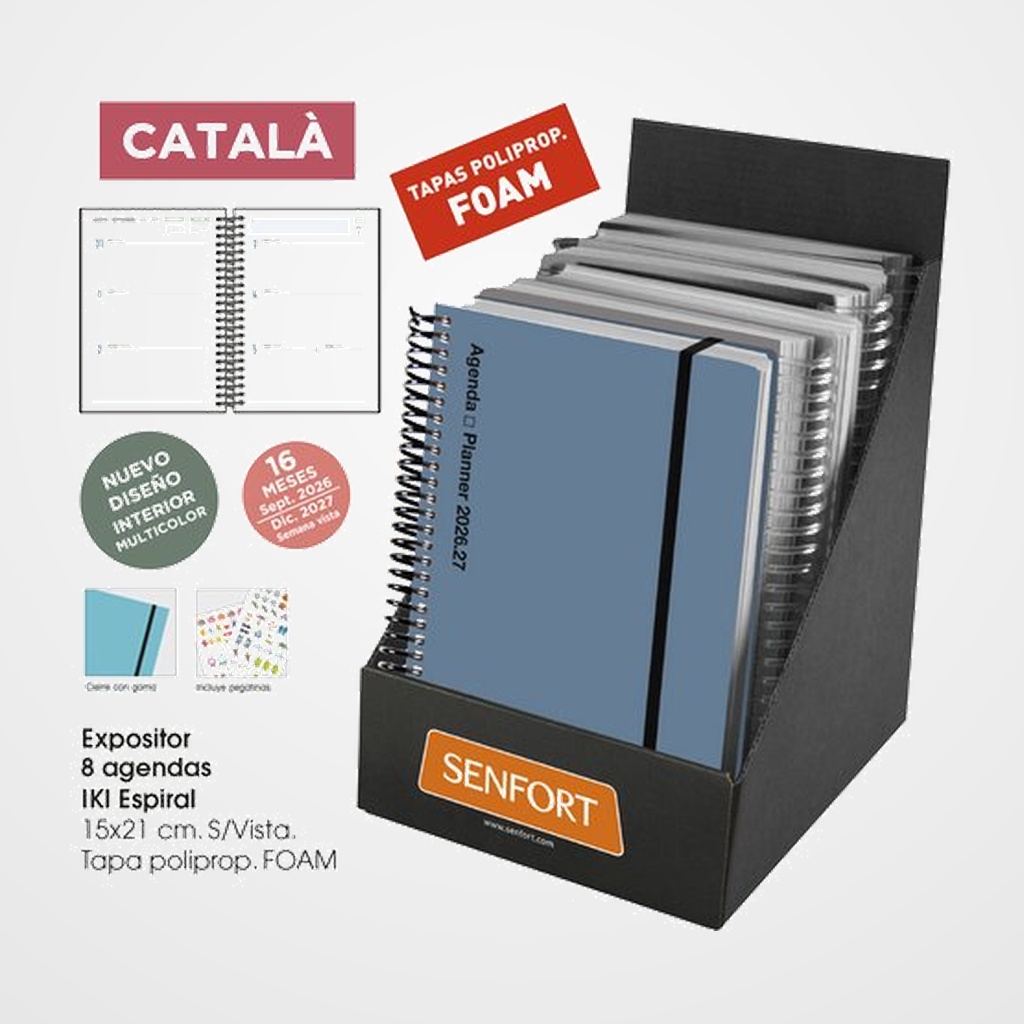 AGENDA ANUAL (2026-27) SENFORT CATALAN 16 MESES IKI FOAM ESPIRAL tapa PP con GOMA 155x215 S/V SURTIDO EXPOSITOR DE 8