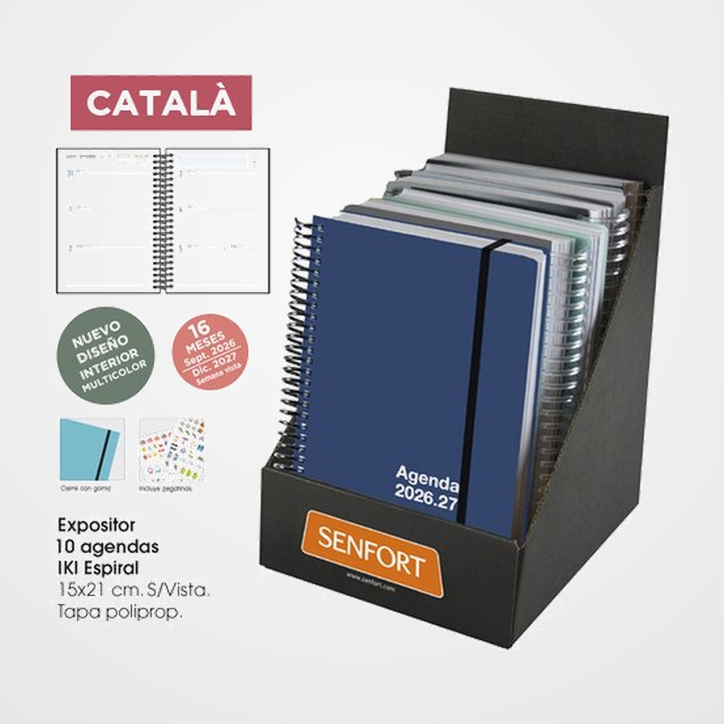 AGENDA ANUAL (2026-27) SENFORT CATALAN 16 MESES IKI UNICOLOR ESPIRAL tapa PP con GOMA 155x215 S/V SURTIDO EXPOSITOR DE 10