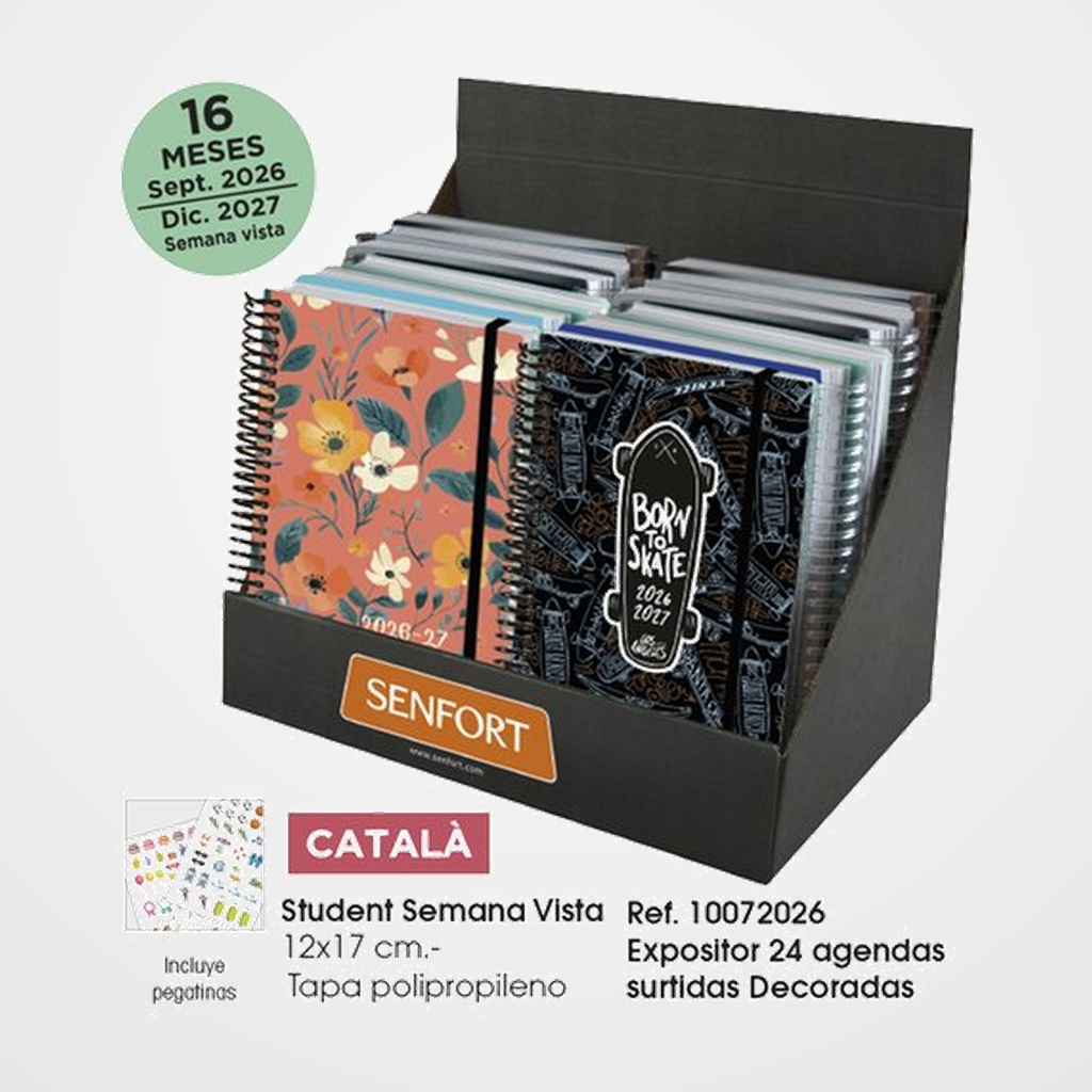 AGENDA ANUAL (2026-27) SENFORT CATALAN 16 MESES STUDENT DECORADA ESPIRAL tapa PP con GOMA 120x170 S/V SURTIDO EXPOSITOR DE 24