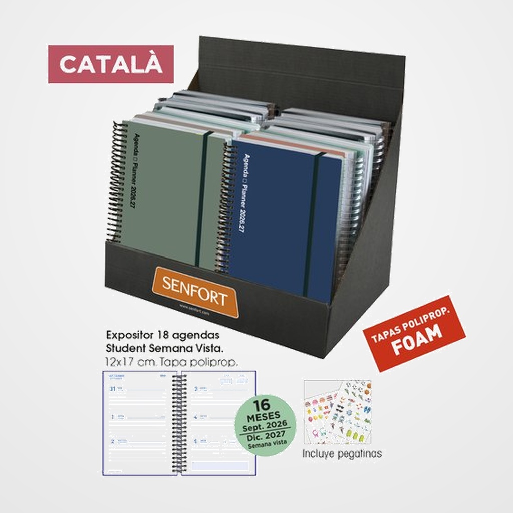 AGENDA ANUAL (2026-27) SENFORT CATALAN 16 MESES STUDENT FOAM ESPIRAL tapa PP con GOMA 120x170 S/V SURTIDO EXPOSITOR DE 16