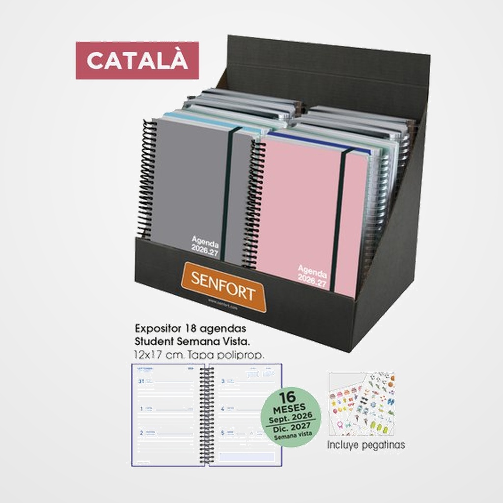 AGENDA ANUAL (2026-27) SENFORT CATALAN 16 MESES STUDENT UNICOLOR ESPIRAL tapa PP con GOMA 120x170 S/V SURTIDO EXPOSITOR DE 18