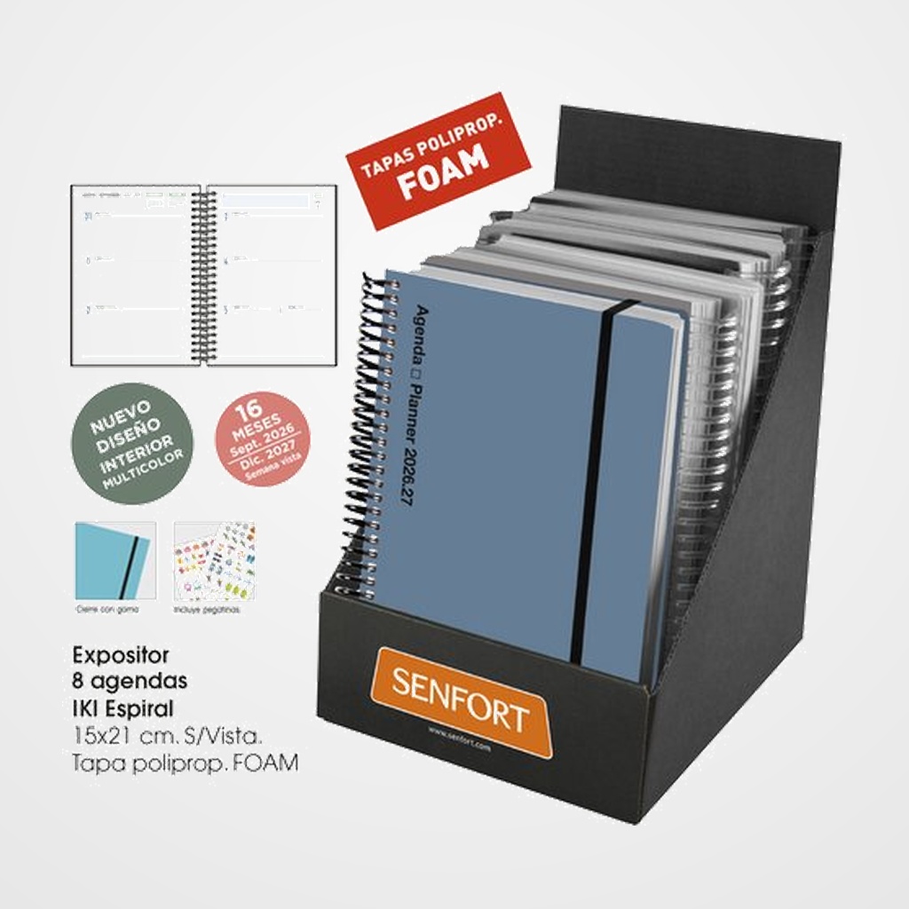 AGENDA ANUAL (2026-27) SENFORT 16 MESES IKI FOAM ESPIRAL tapa PP con GOMA 155x215 S/V SURTIDO EXPOSITOR DE 8