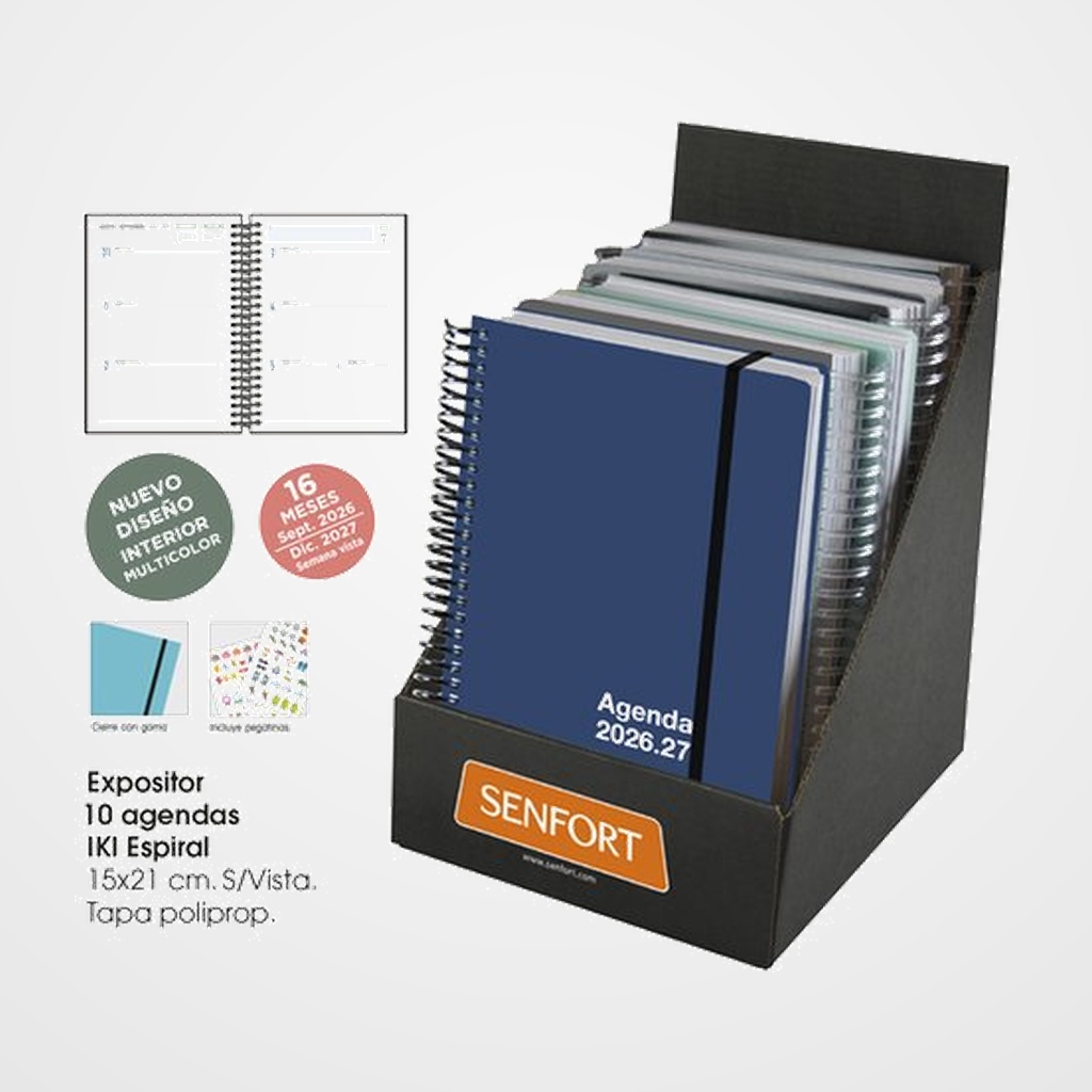 AGENDA ANUAL (2026-27) SENFORT 16 MESES IKI UNICOLOR ESPIRAL tapa PP con GOMA 155x215 S/V SURTIDO EXPOSITOR DE 10
