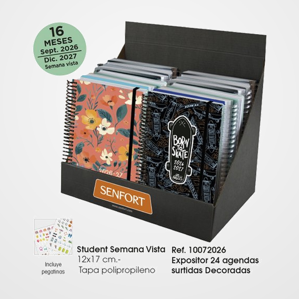 AGENDA ANUAL (2026-27) SENFORT 16 MESES STUDENT DECORADA ESPIRAL tapa PP con GOMA 120x170 S/V SURTIDO EXPOSITOR DE 24
