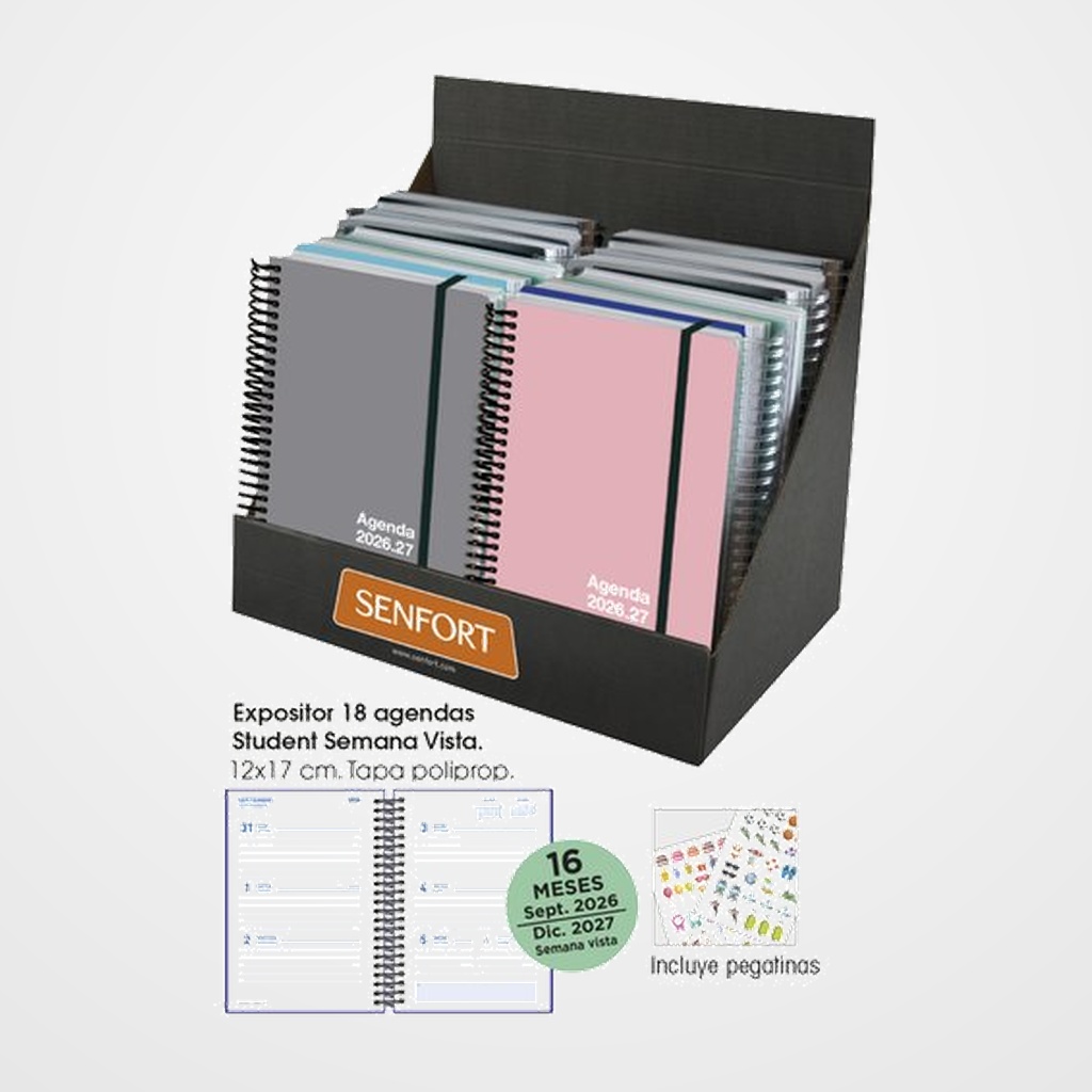 AGENDA ANUAL (2026-27) SENFORT 16 MESES STUDENT UNICOLOR ESPIRAL tapa PP con GOMA 120x170 S/V SURTIDO EXPOSITOR DE 18