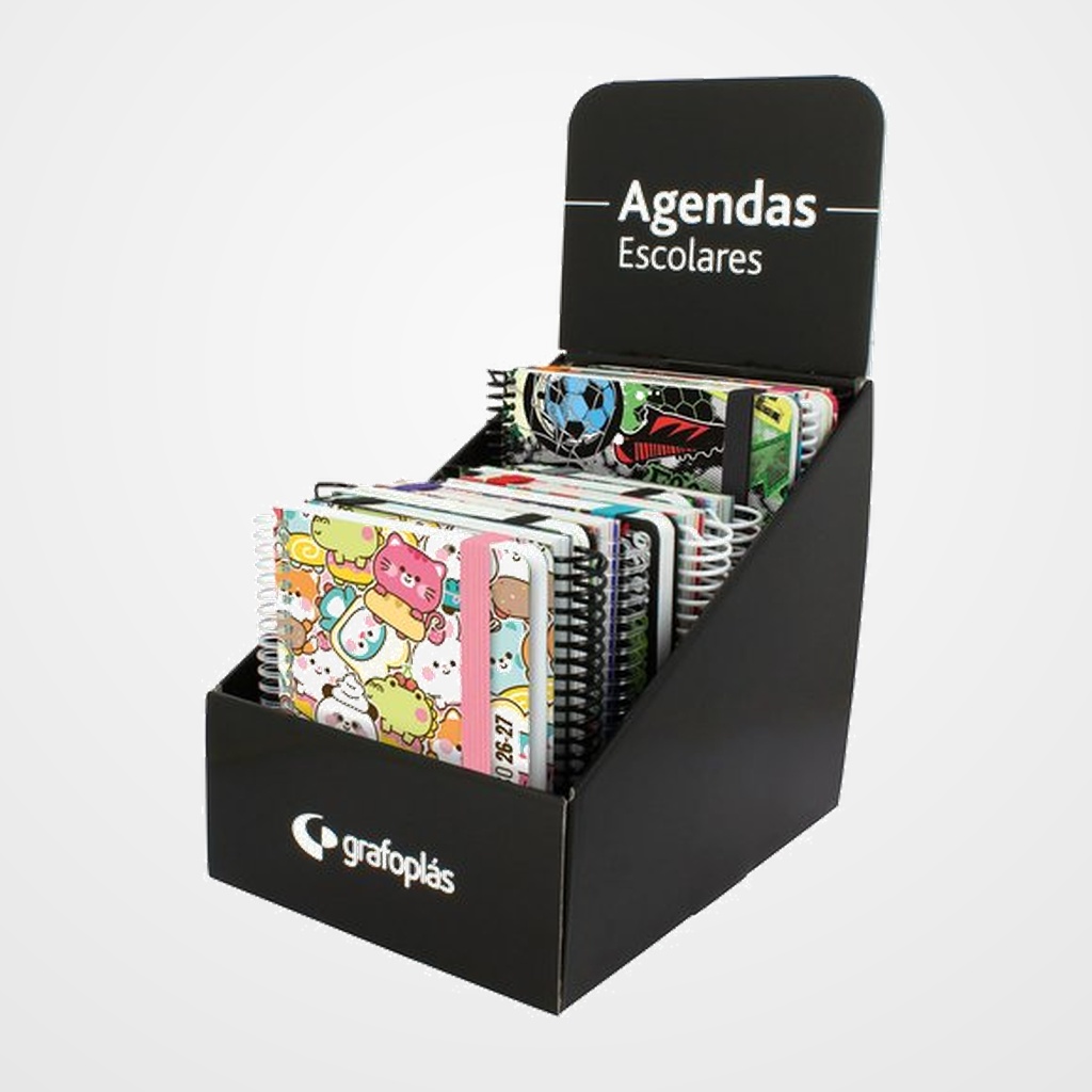 AGENDA ESCOLAR (2026-27) GRAFOPLAS DISEÑO ESPIRAL tapa EXTRA con GOMA A5/A6 SURTIDO EXPOSITOR DE 12 4x A5 2D/P 8x A6 D/P