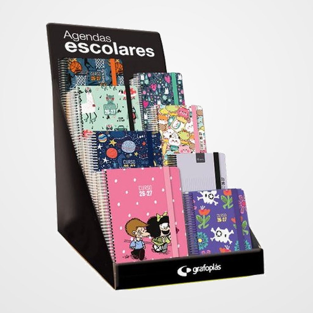 AGENDA ESCOLAR (2026-27) GRAFOPLAS ESPIRAL tapa EXTRA con GOMA A5/A6 SURTIDO EXPOSITOR DE 60 15x A5 2D/P 45x A6 D/P