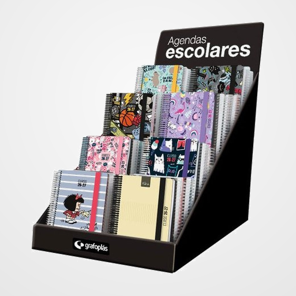 AGENDA ESCOLAR (2026-27) GRAFOPLAS ESPIRAL tapa EXTRA con GOMA A6 D/P SURTIDO EXPOSITOR DE 60