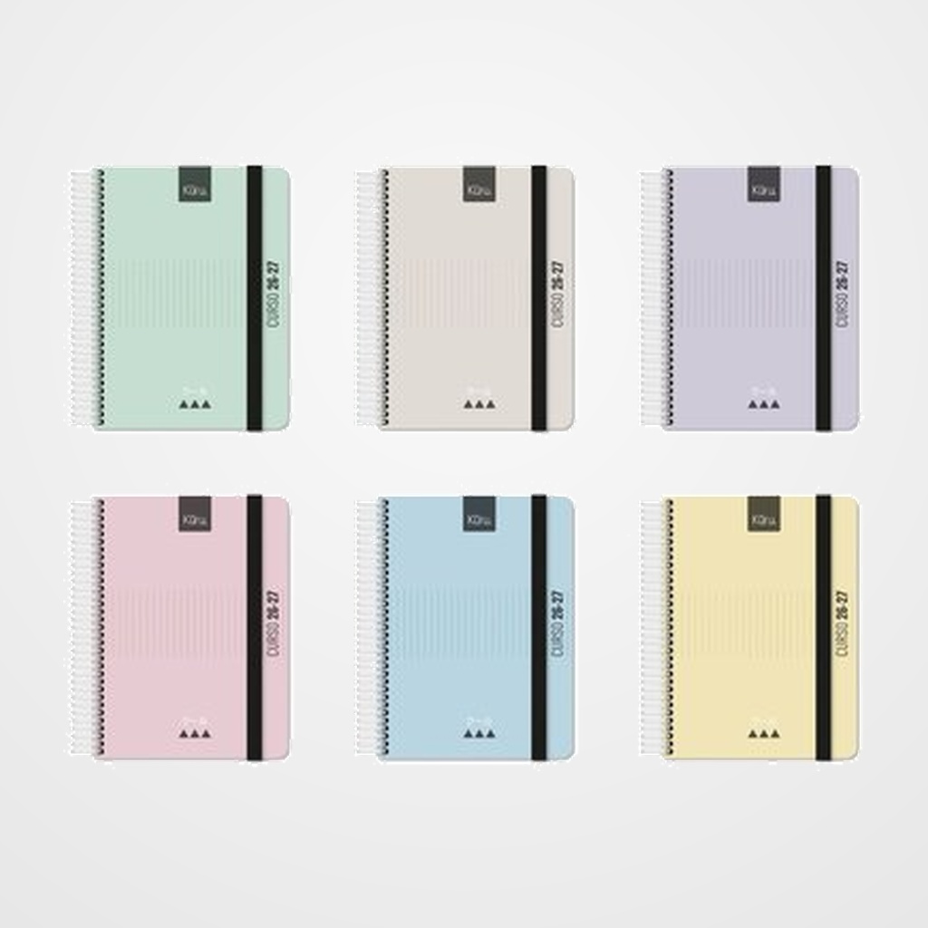 AGENDA ESCOLAR (2026-27) GRAFOPLAS KURU ESPIRAL tapa EXTRA con GOMA A5/A6 SURTIDO EXPOSITOR DE 12 6x A5 2D/P 6x A6 D/P