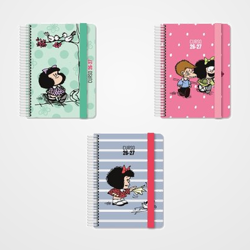 AGENDA ESCOLAR (2026-27) GRAFOPLAS MAFALDA ESPIRAL tapa EXTRA con GOMA A5/A6 SURTIDO EXPOSITOR DE 12 6x A5 2D/P 6x A6 D/P