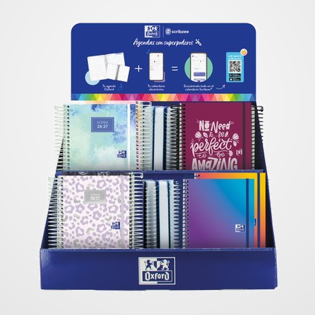 AGENDA ESCOLAR (2026-27) OXFORD SURTIDO DISEÑO EXPOSITOR de 37 3x 400208048 LIVE&GO t.PP 8º D/P 3x 400208049 LIVE&GO t.PP 8º S/V 3x 400208110 LIVE&GO t.PP 4º D/P 4x 400208118 GRADIENT t.EXTRA 8º D/P 4x 400208121 GRADIENT t.EXTRA 4º S/V 4x 400208122 BE INSPIRED t.EXTRA 8º D/P 4x 400208127 DREAM TECH t.EXTRA 8º D/P 4x 400208124 AURA t.EXTRA 8º D/P 4x 400208125 AURA t.EXTRA 8º S/V 4x 400208126 AURA t.EXTRA 4º D/P