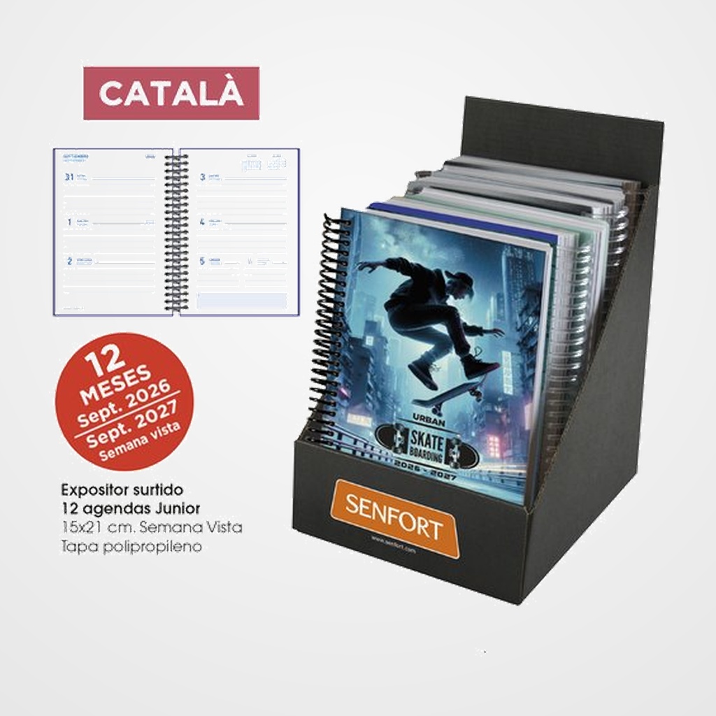 AGENDA ESCOLAR (2026-27) SENFORT CATALAN JUNIOR ESPIRAL tapa PVC 150x210 S/V SURTIDO EXPOSITOR DE 12