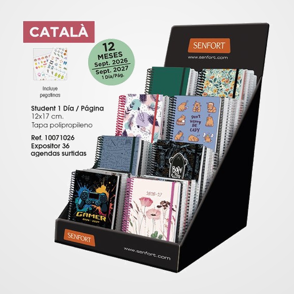 AGENDA ESCOLAR (2026-27) SENFORT CATALAN STUDENT DECORADA+LISA ESPIRAL tapa PP con GOMA 120x170 D/P SURTIDO EXPOSITOR DE 36