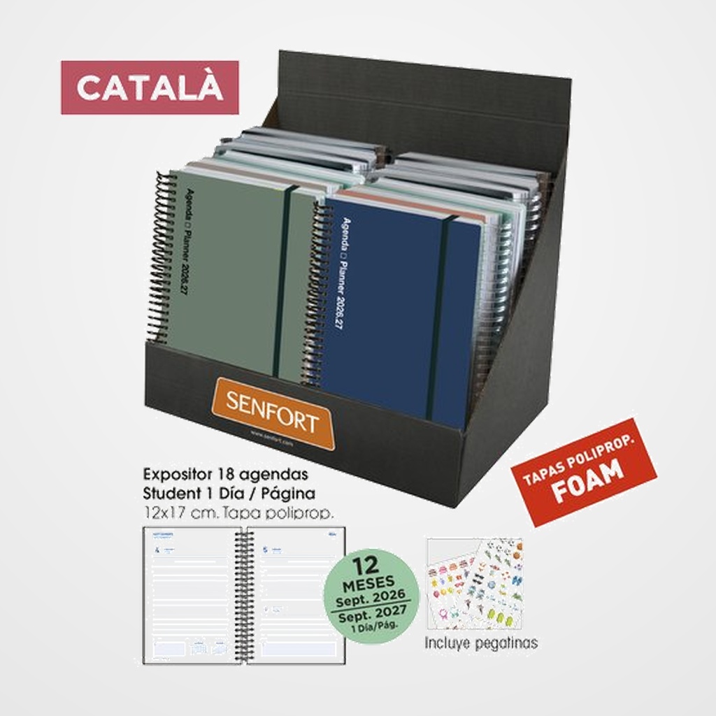 AGENDA ESCOLAR (2026-27) SENFORT CATALAN STUDENT FOAM ESPIRAL tapa PP con GOMA 120x170 D/P SURTIDO EXPOSITOR DE 16