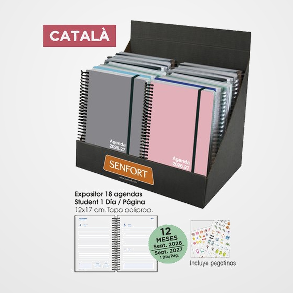 AGENDA ESCOLAR (2026-27) SENFORT CATALAN STUDENT UNICOLOR ESPIRAL tapa PP con GOMA 120x170 D/P SURTIDO EXPOSITOR DE 18