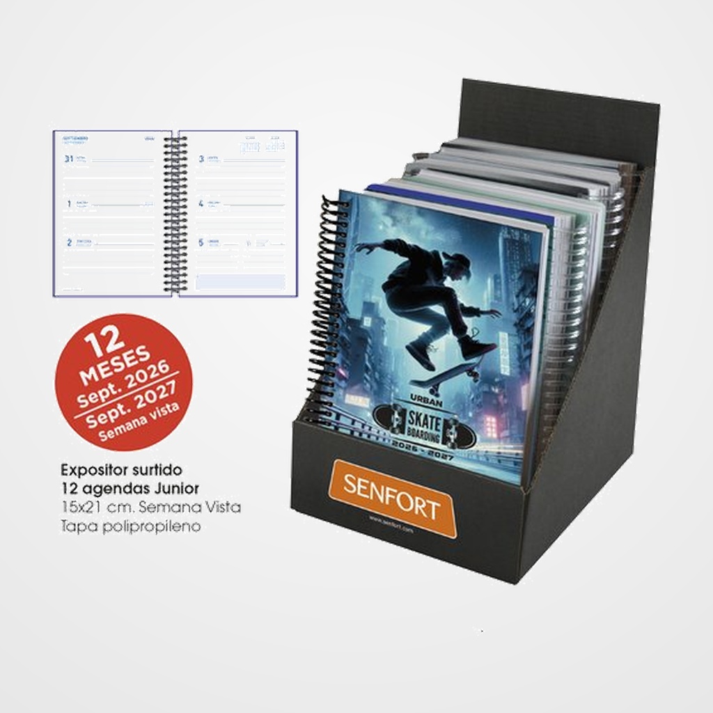 AGENDA ESCOLAR (2026-27) SENFORT JUNIOR ESPIRAL tapa PVC 150x210 S/V SURTIDO EXPOSITOR DE 12