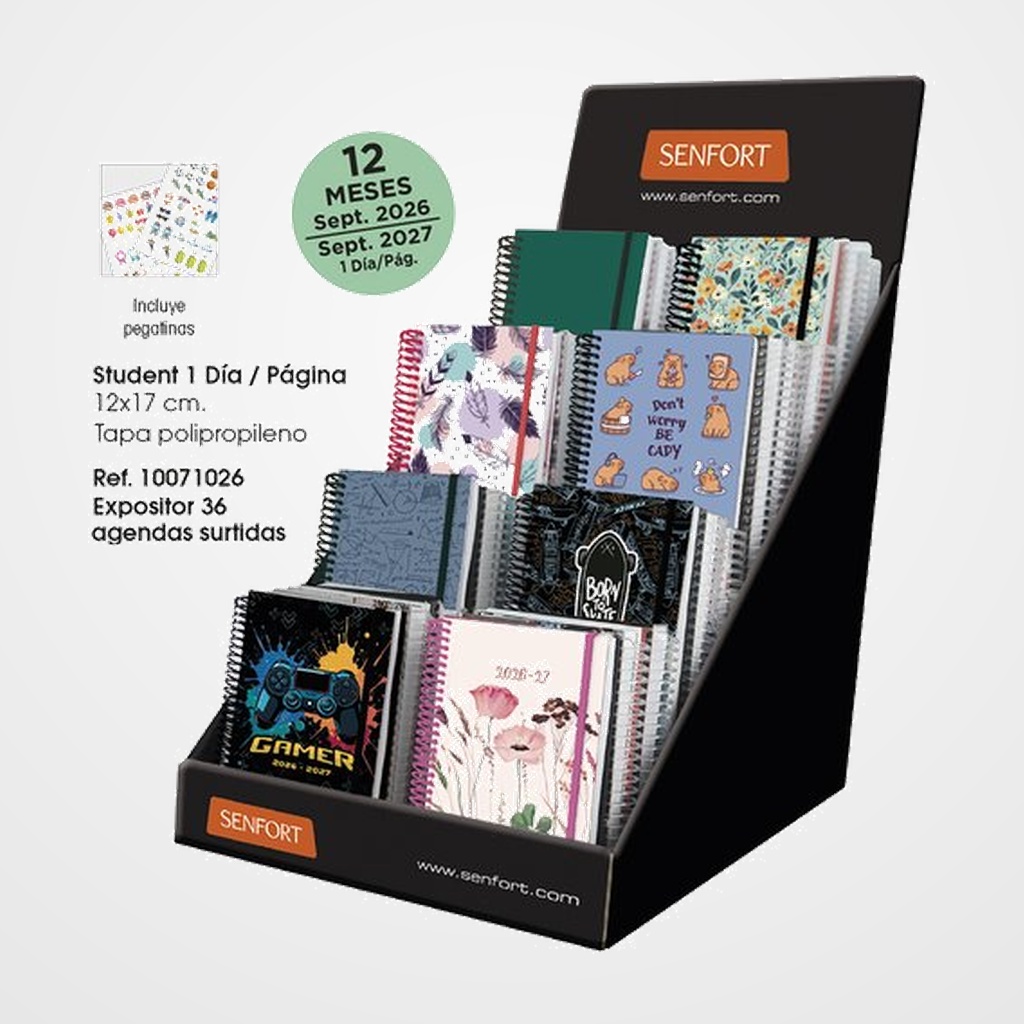 AGENDA ESCOLAR (2026-27) SENFORT STUDENT DECORADA+LISA ESPIRAL tapa PP con GOMA 120x170 D/P SURTIDO EXPOSITOR DE 36