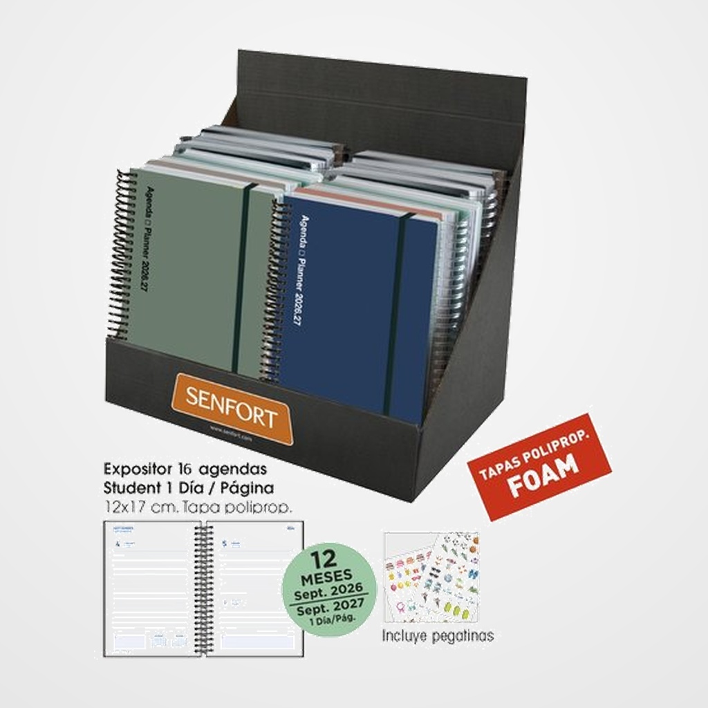 AGENDA ESCOLAR (2026-27) SENFORT STUDENT FOAM ESPIRAL tapa PP con GOMA 120x170 D/P SURTIDO EXPOSITOR DE 16