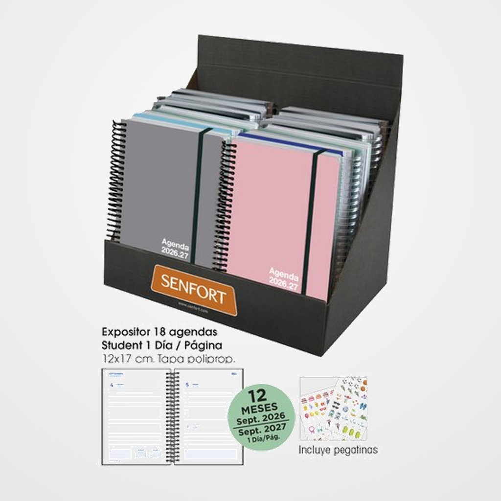 AGENDA ESCOLAR (2026-27) SENFORT STUDENT UNICOLOR ESPIRAL tapa PP con GOMA 120x170 D/P SURTIDO EXPOSITOR DE 18