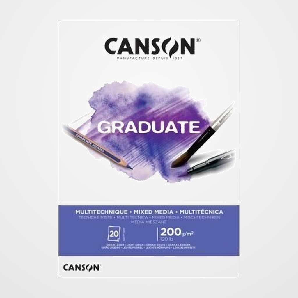 BLOC DE DIBUJO CANSON GRADUATE MIX MEDIA ENCOLADO LISO BLANCO A3 200g 20h