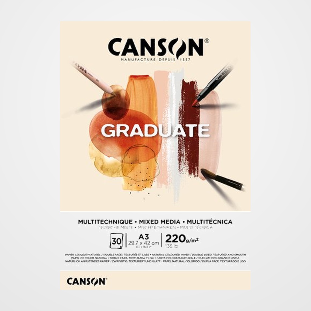 BLOC DE DIBUJO CANSON GRADUATE MIX MEDIA ENCOLADO NATURAL DOBLE CARA A3 220g 30h