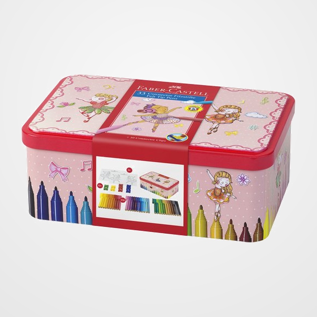 CAJA METALICA FABER-CASTELL BAILARINA  33x ROTULADOR CONNECTOR  10x CLIPS CONNECTOR  2x PLANTILLAS COLOREAR MOTIVO BAILARINA