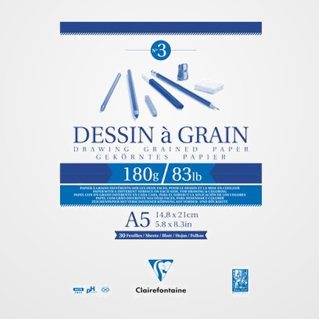 BLOC DE DIBUJO CLAIREFONTAINE DESSIN A GRAIN ENCOLADO BLANCO CON GRANO A5 180g 30h