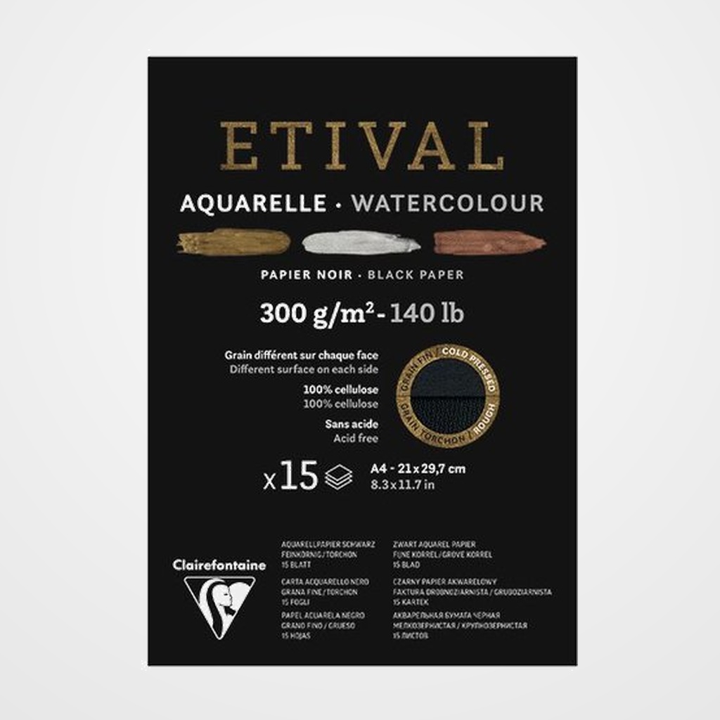BLOC DE DIBUJO CLAIREFONTAINE ETIVAL ACUARELA ENCOLADO NEGRO DOBLE GRANO FINO/GRUESO A4 300g 15h