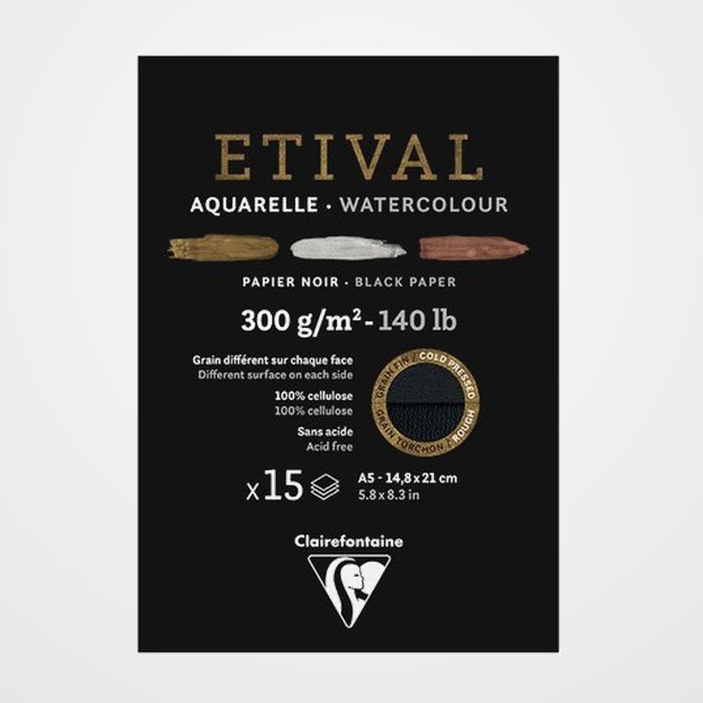 BLOC DE DIBUJO CLAIREFONTAINE ETIVAL ACUARELA ENCOLADO NEGRO DOBLE GRANO FINO/GRUESO A5 300g 15h