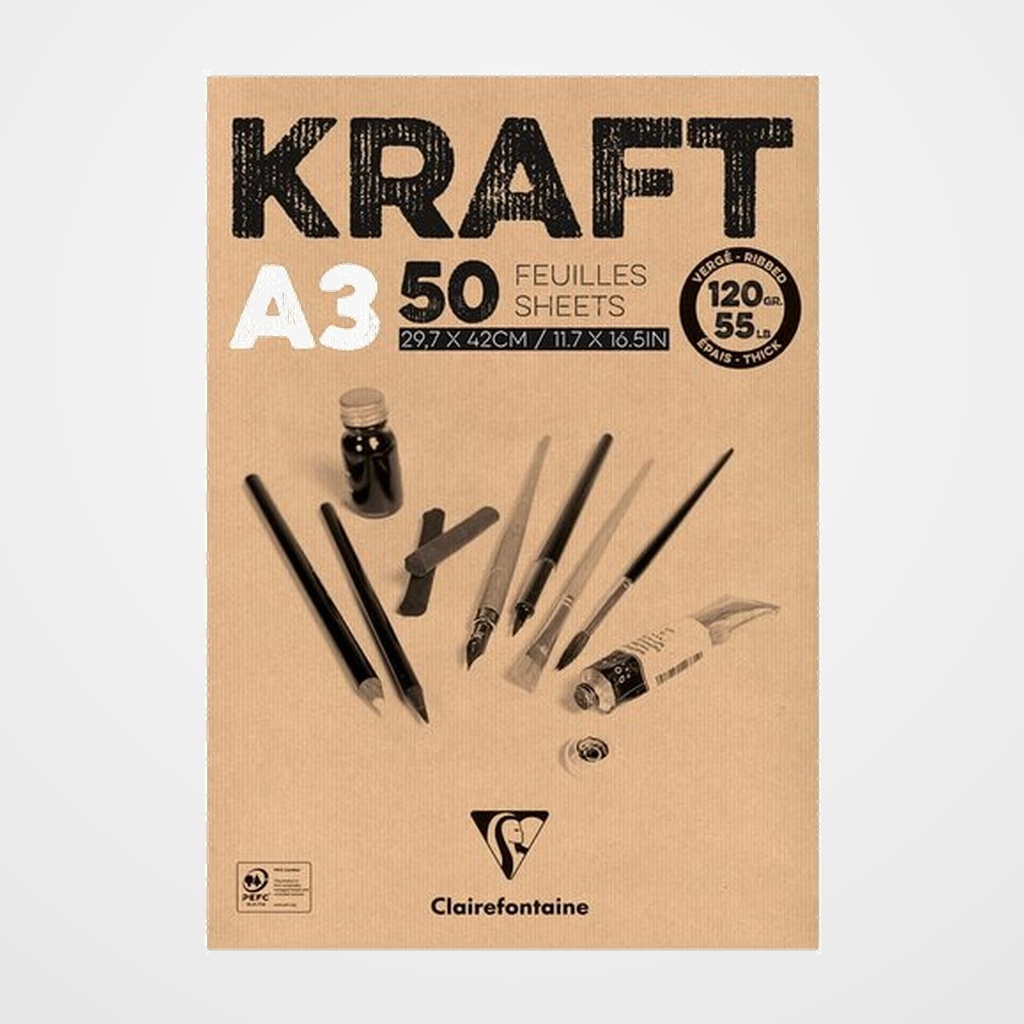 BLOC DE DIBUJO CLAIREFONTAINE KRAFT ENCOLADO MARRON VERJURADO A3 120g 50h