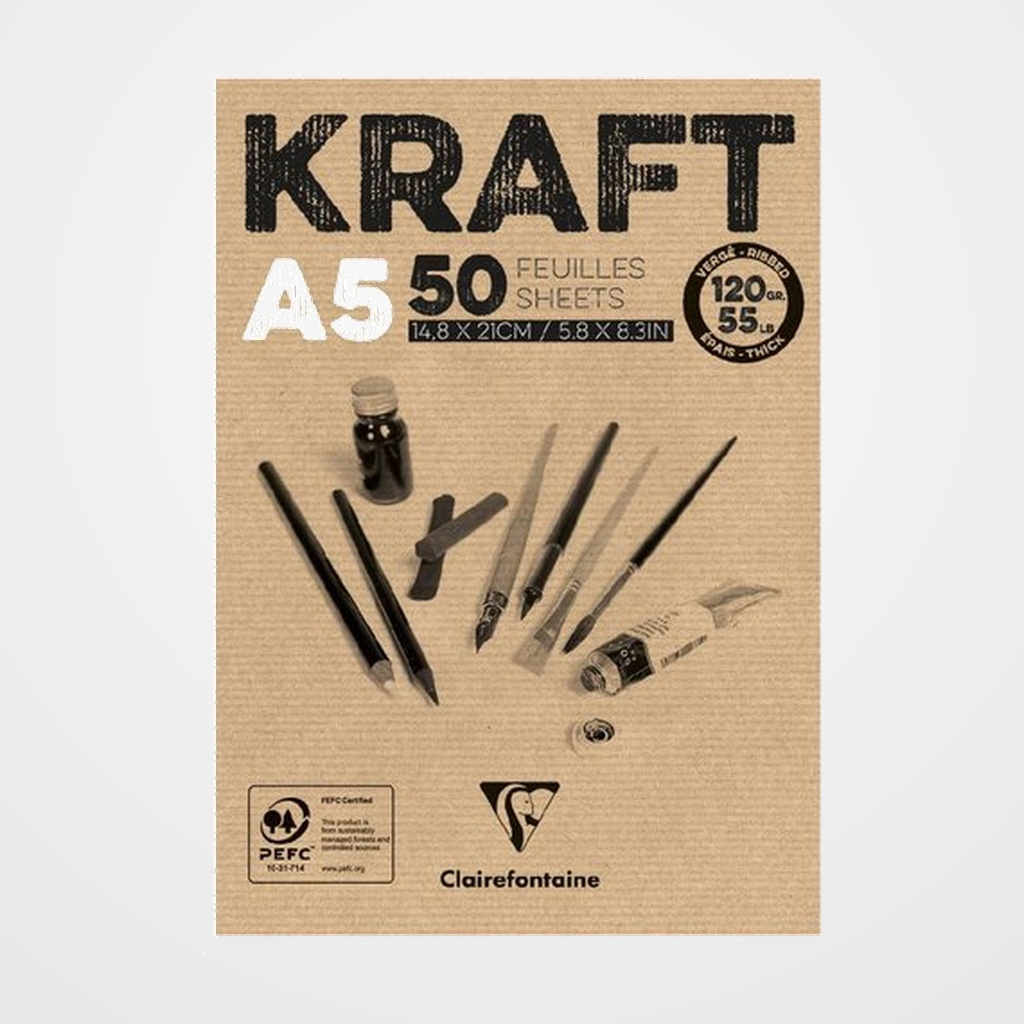 BLOC DE DIBUJO CLAIREFONTAINE KRAFT ENCOLADO MARRON VERJURADO A5 120g 50h