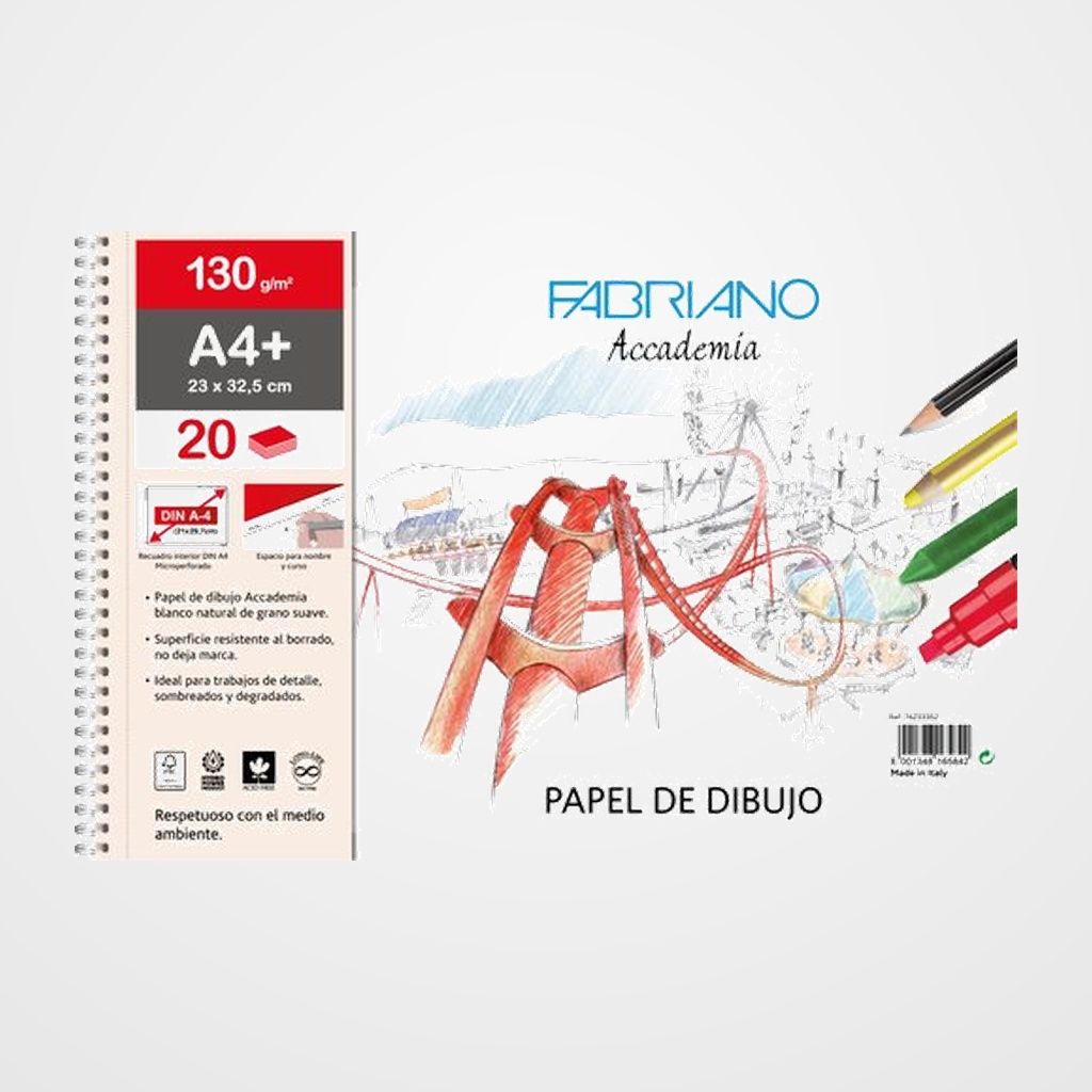 BLOC DE DIBUJO FABRIANO ACCADEMIA CON ESPIRAL LISO con RECUADRO A4+ 130g 20h