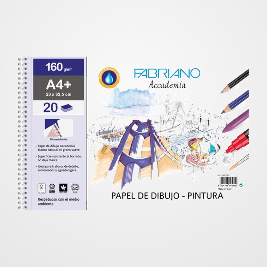 BLOC DE DIBUJO FABRIANO ACCADEMIA CON ESPIRAL LISO TECNICAS MIXTAS A4+ 160g 20h