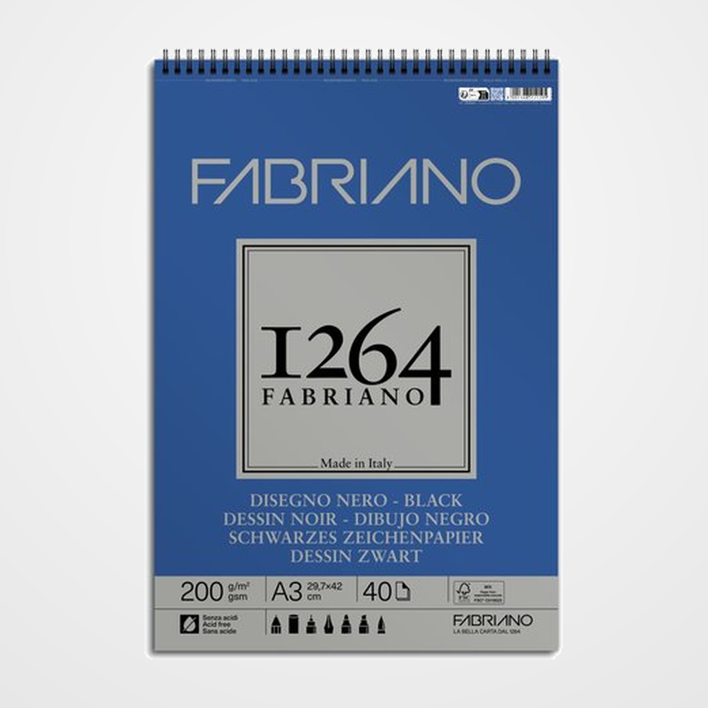 BLOC DE DIBUJO FABRIANO 1264 BLACK DRAWING CON ESPIRAL PAPEL NEGRO RUGOSO A3 200g 40h