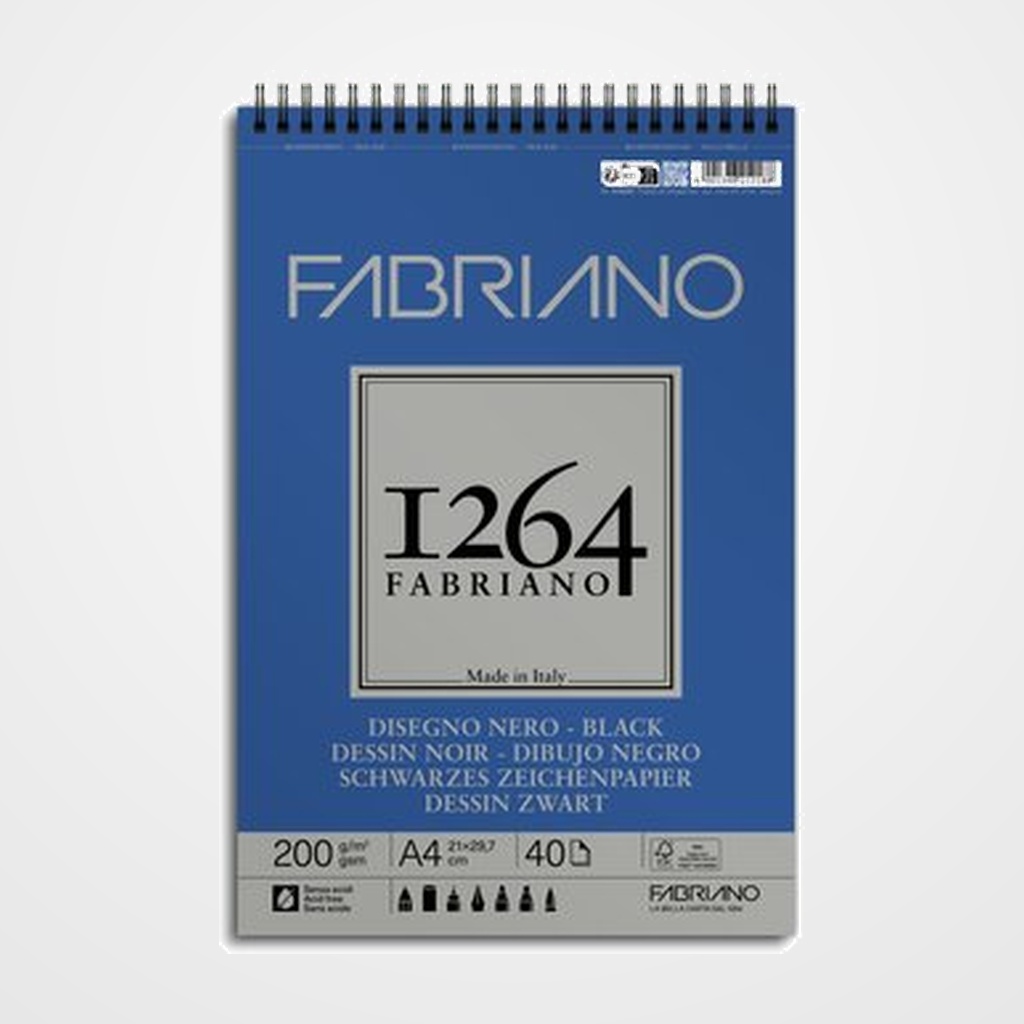 BLOC DE DIBUJO FABRIANO 1264 BLACK DRAWING CON ESPIRAL PAPEL NEGRO RUGOSO A4 200g 40h