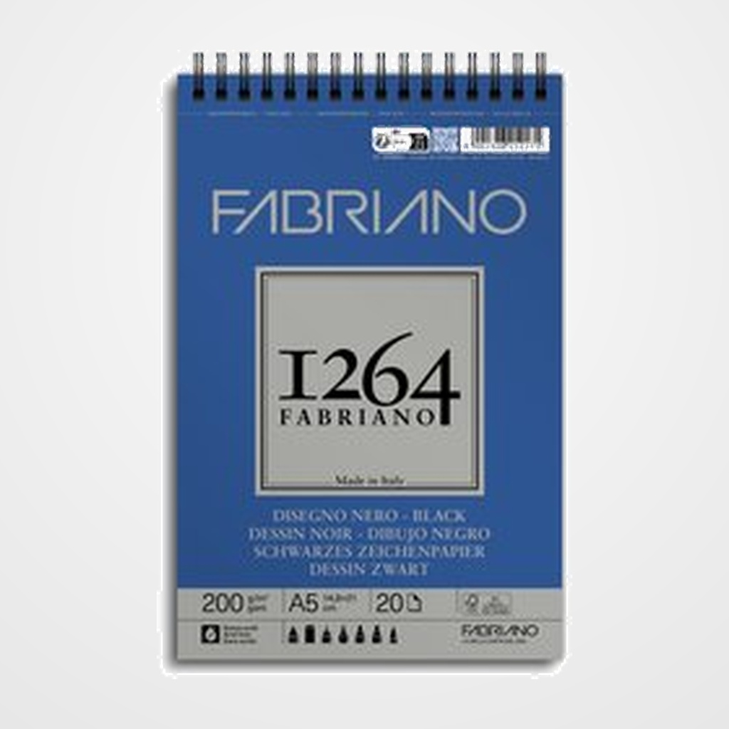 BLOC DE DIBUJO FABRIANO 1264 BLACK DRAWING CON ESPIRAL PAPEL NEGRO RUGOSO A5 200g 20h