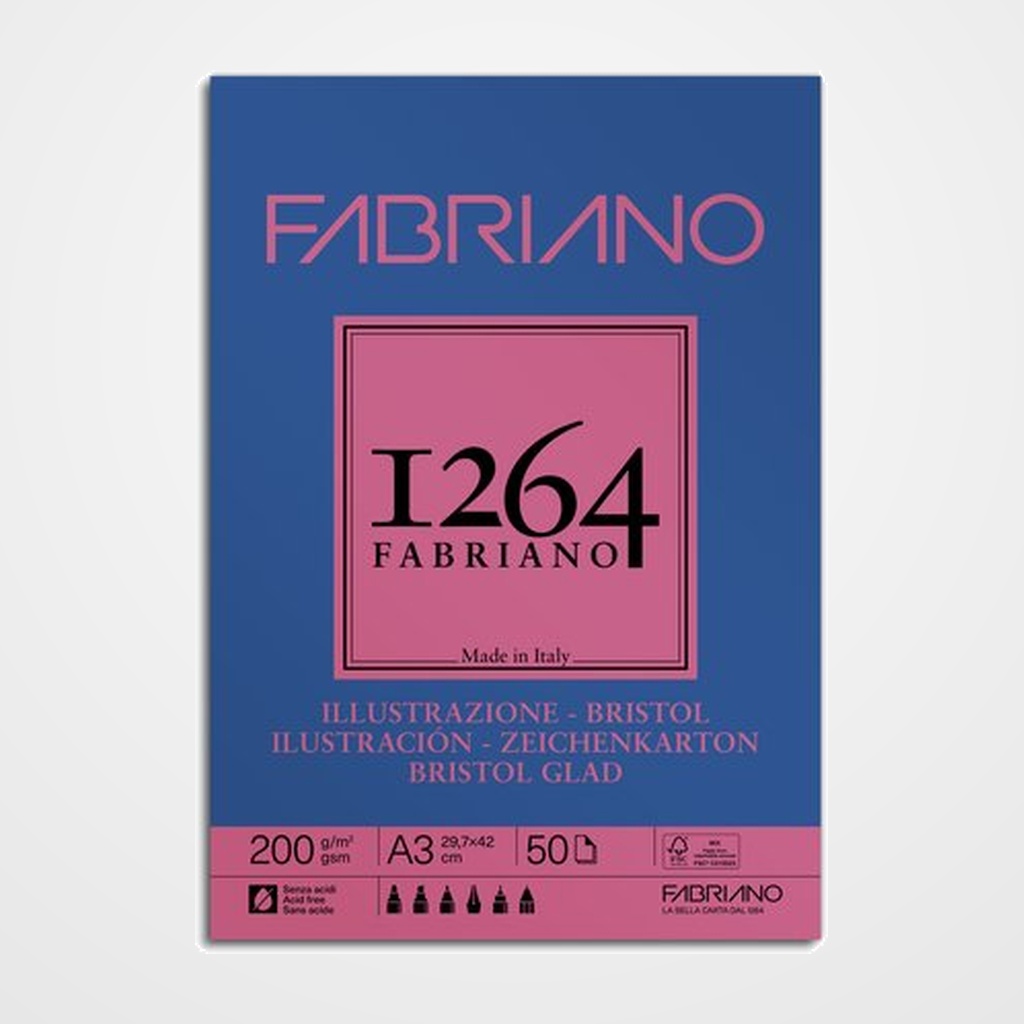 BLOC DE DIBUJO FABRIANO 1264 BRISTOL ILUSTRACION ENCOLADO LISO A3 200g 50h