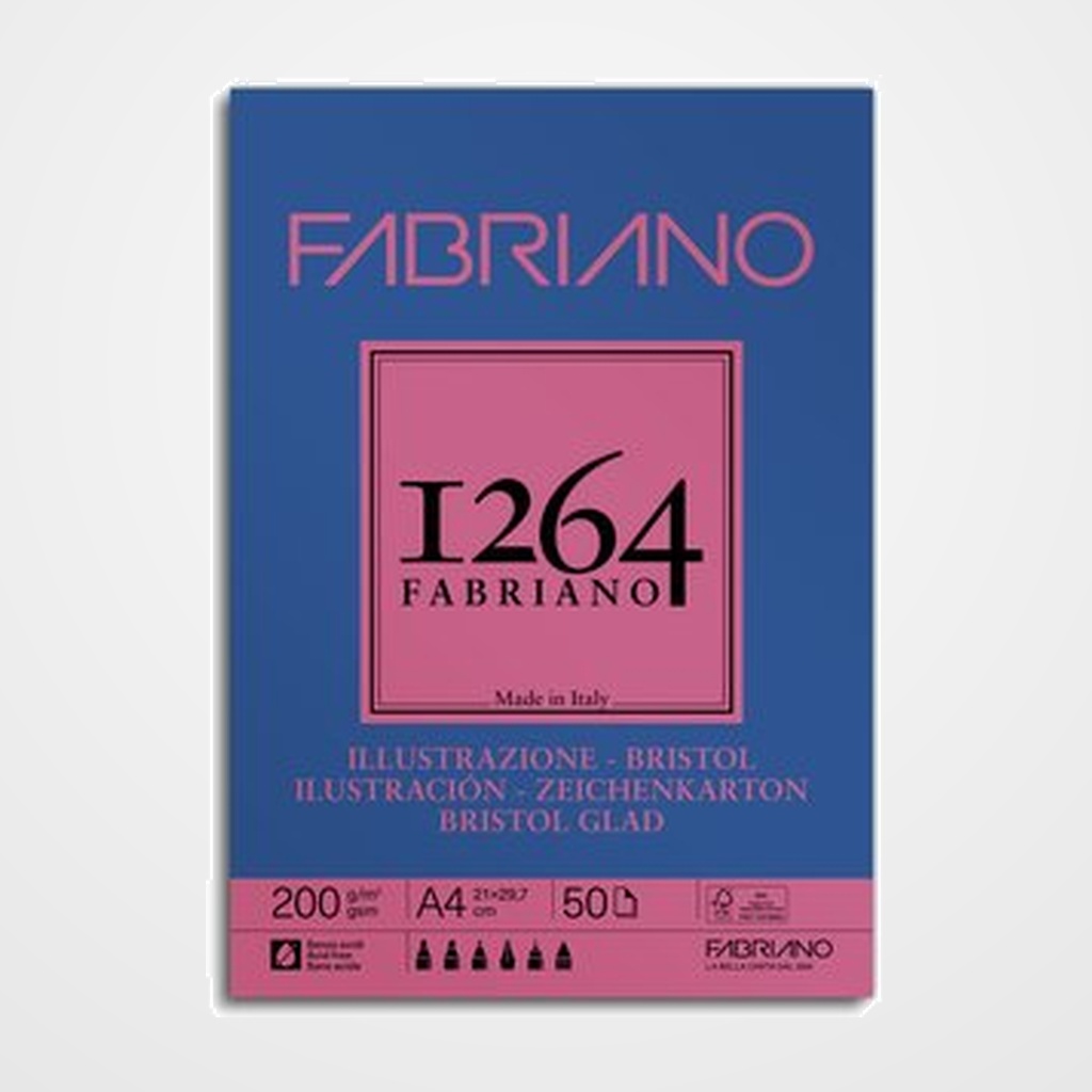 BLOC DE DIBUJO FABRIANO 1264 BRISTOL ILUSTRACION ENCOLADO LISO A4 200g 50h