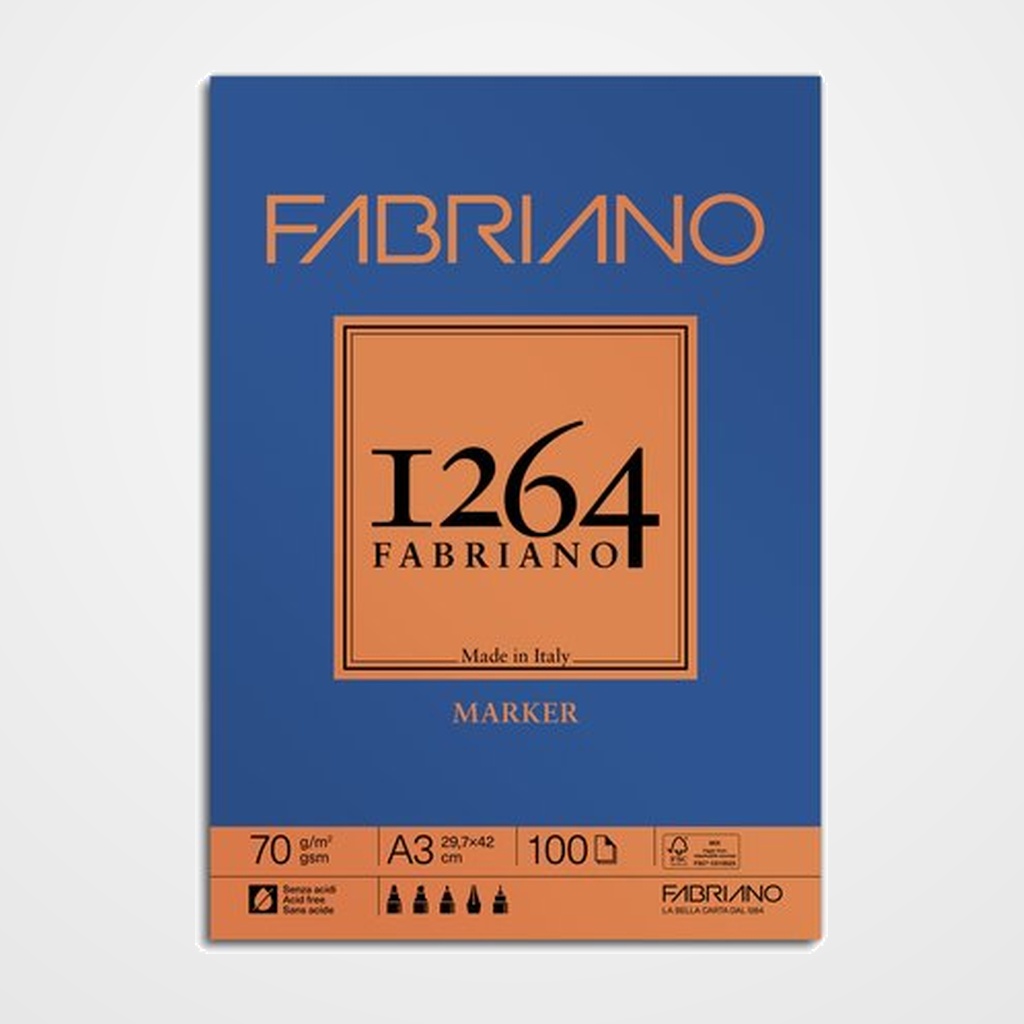 BLOC DE DIBUJO FABRIANO 1264 MARKER ENCOLADO LISO A3 70g 100h