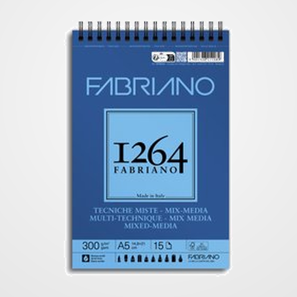BLOC DE DIBUJO FABRIANO 1264 MIX MEDIA CON ESPIRAL GRANO NATURAL TECNICAS MIXTAS A5 300g 15h