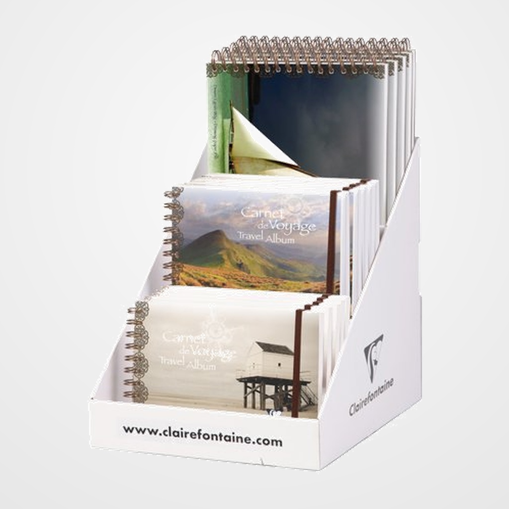 BLOC DE VIAJE CLAIREFONTAINE SURTIDO Nº 1 EXPOSITOR DE 10 5x 96106C CUADERNO VOYAGE 20X20 30H 180G GOMA GLOBO 5x 96077C BLOC POLIPRO DIBUJO C/GOMAS 180G 30H A4
