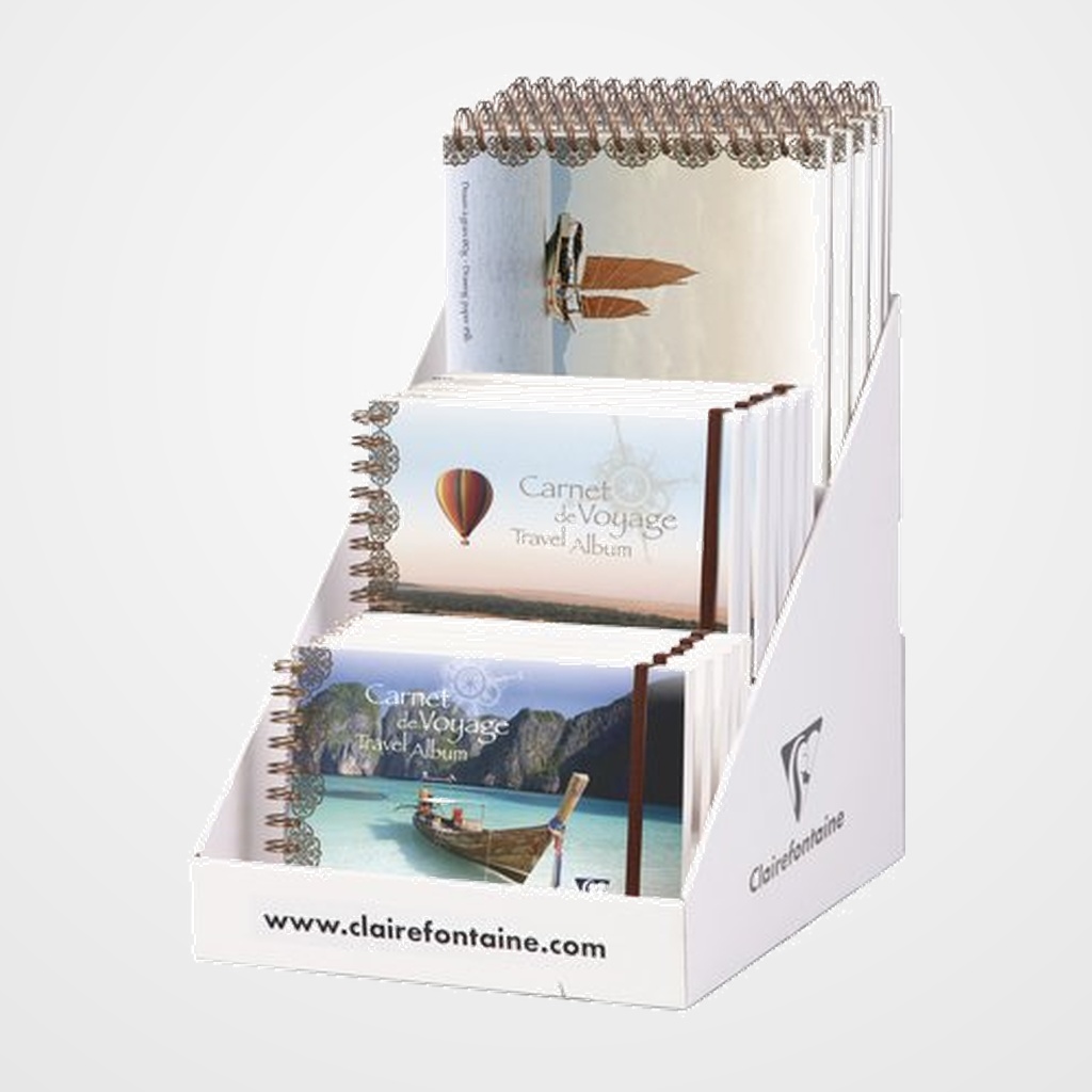 BLOC DE VIAJE CLAIREFONTAINE SURTIDO Nº 2 EXPOSITOR DE 15 5x 96104C CUADERNO VOYAGE A5 30H 180G GOMA CABAÑA 5x 96105C CUADERNO VOYAGE 20X20 30H 180G GOMA ESCOCIA 5x 96103C CUADERNO VOYAGE A4 30H 180G GOMA VELERO