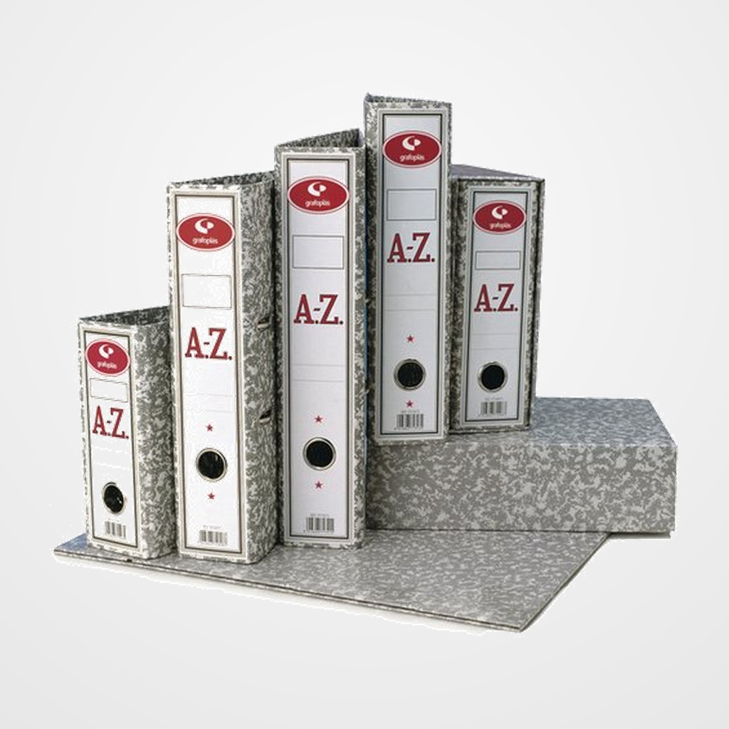 CAJA PARA ARCHIVADOR palanca GRAFOPLAS CLASSIC CARTON JASPEADO GRIS 4º NATURAL 75mm