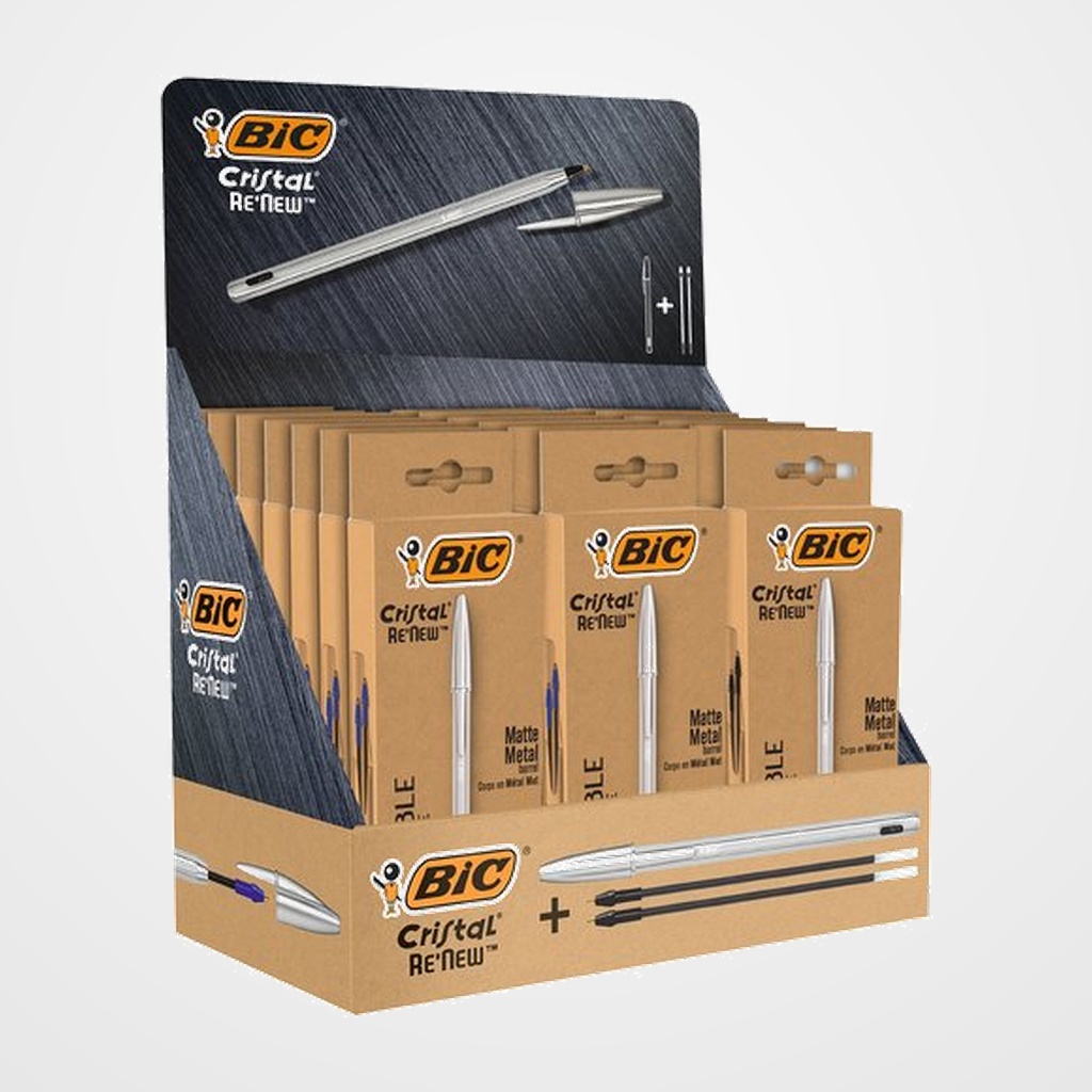 BOLIGRAFO BIC CRISTAL RE´NEW METAL EXPOSITOR de 21 15x 997202 METAL AZUL  6x  997201 METAL NEGRO 50x BIC CRISTAL AZUL SIN CARGO