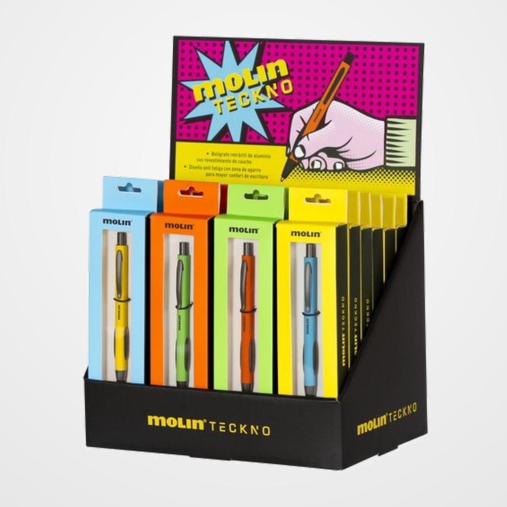 BOLIGRAFO MOLIN TECKNO EXPOSITOR DE 24 (6x naranja, 6x amarillo, 6x verde, 6x azul)
