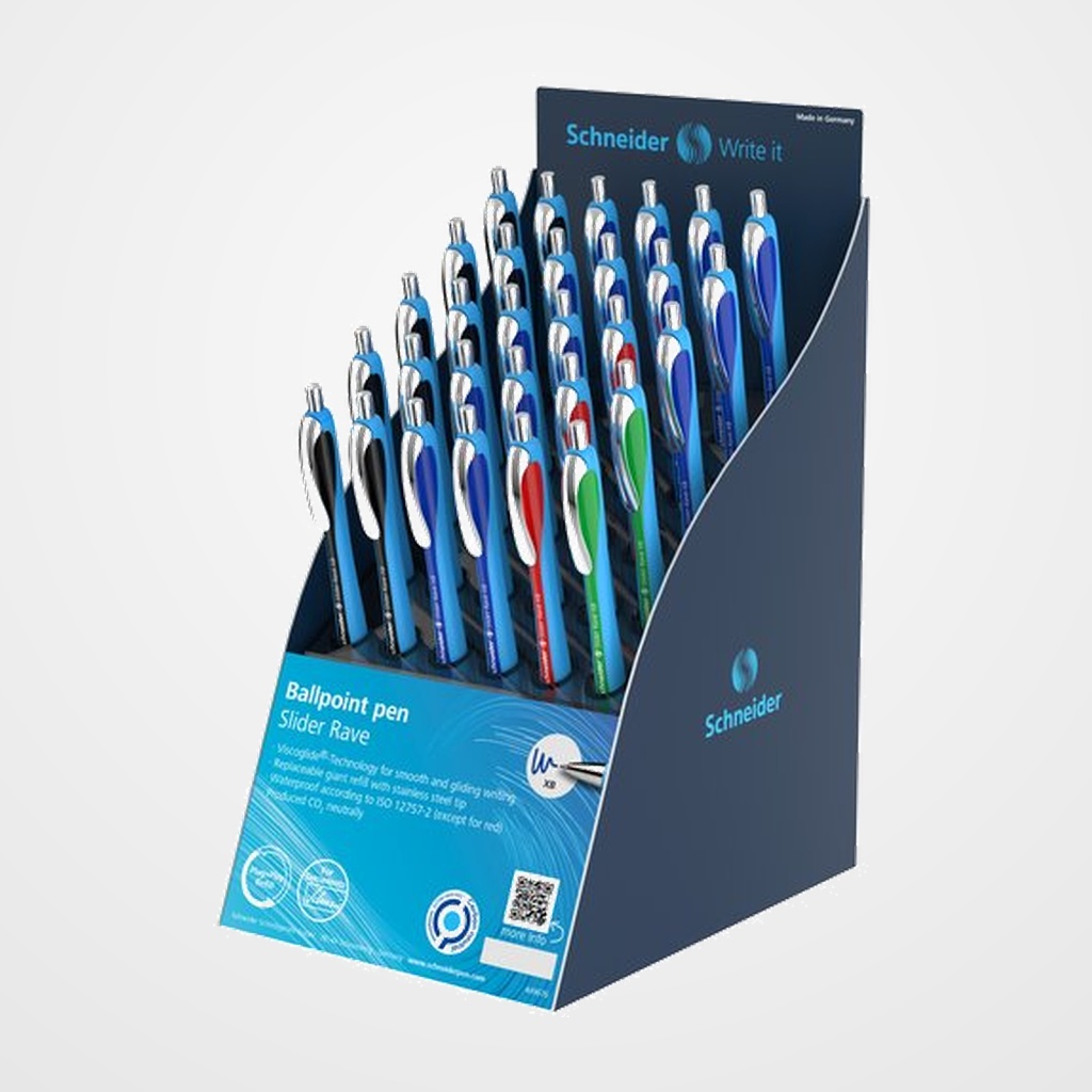 BOLIGRAFO SCHNEIDER SLIDER RAVE XB EXPOSITOR DE 30 (15x azul, 10x negro, 3x rojo, 2x verde)