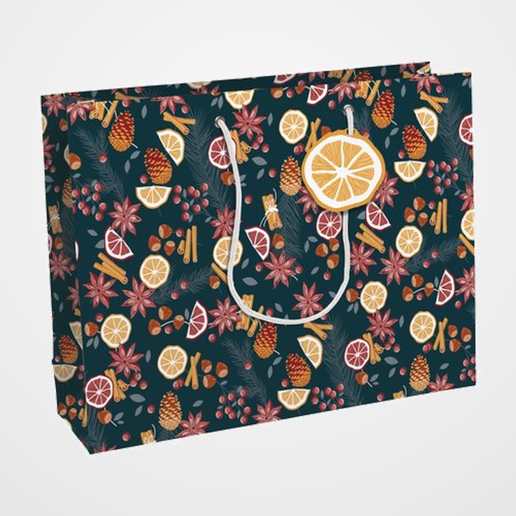 BOLSA de PAPEL CLAIREFONTAINE KRAFT DECORADO 37x27x12 cm CITRICOS NAVIDAD PACK DE 6